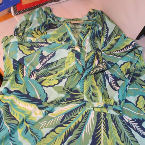 Green Print Tropical Leaves Caribbean Joe Blouse Top XL - Picture 5 of 5
